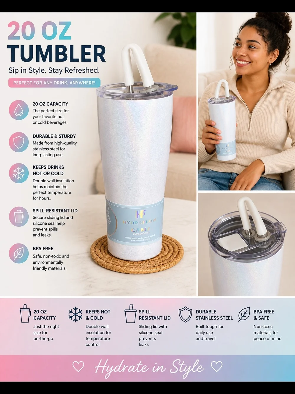 HydraFlow Capri 20 oz Insulated Tumbler – Iridescent White